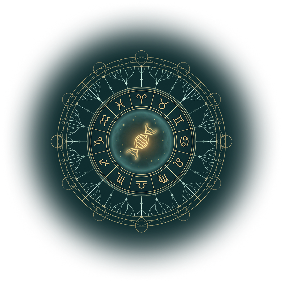 Selo Memória e Informação — mandala com hélice de DNA, roda zodiacal e geometria sagrada